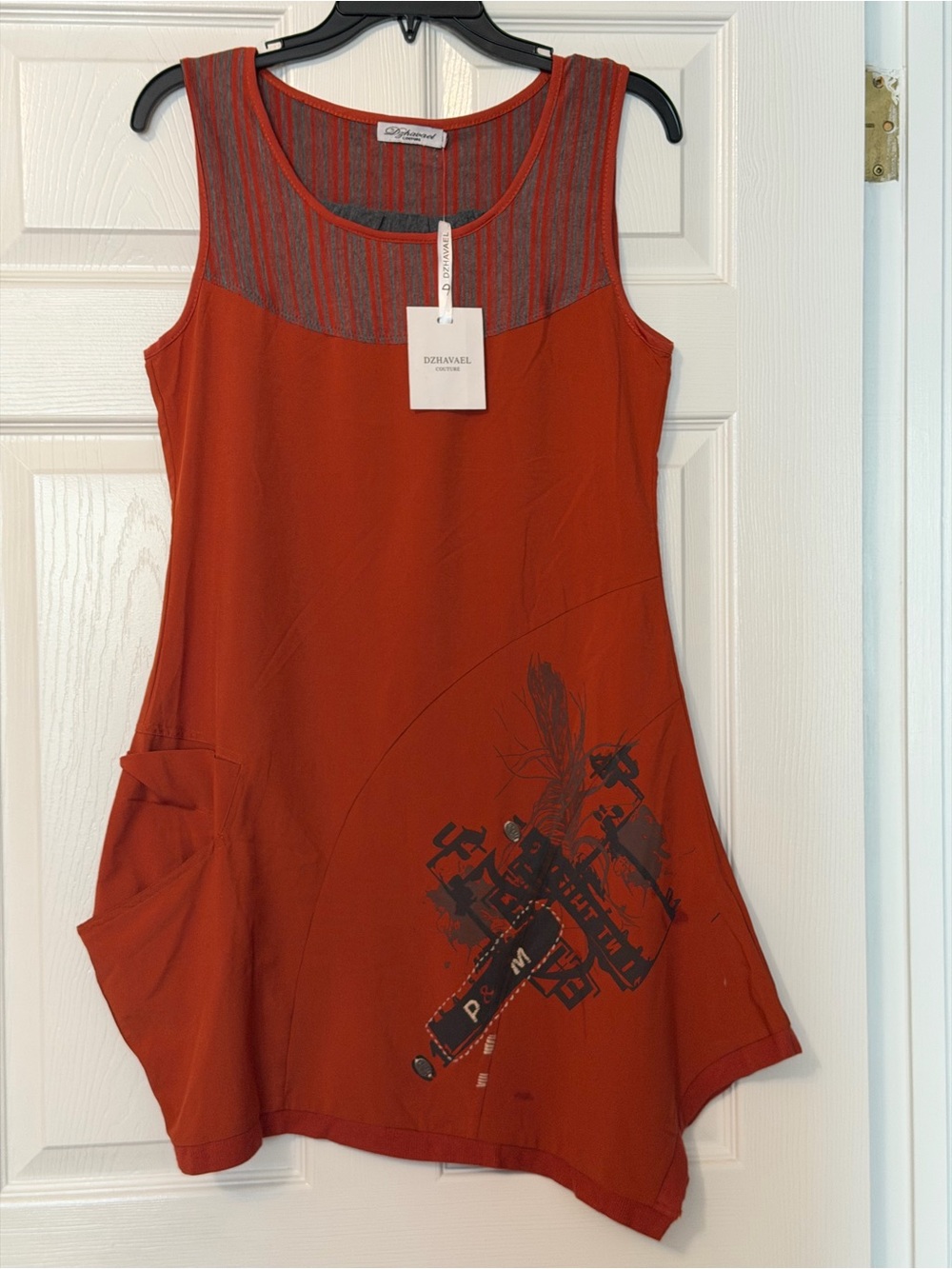 Dzhavael Couture Orange & Gray Striped Sleeveless Tunic